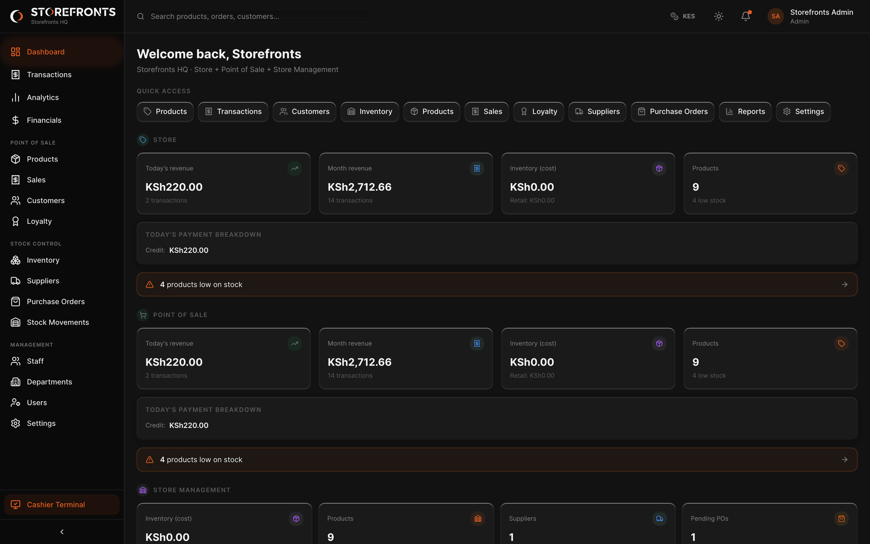 Storefronts admin operations dashboard